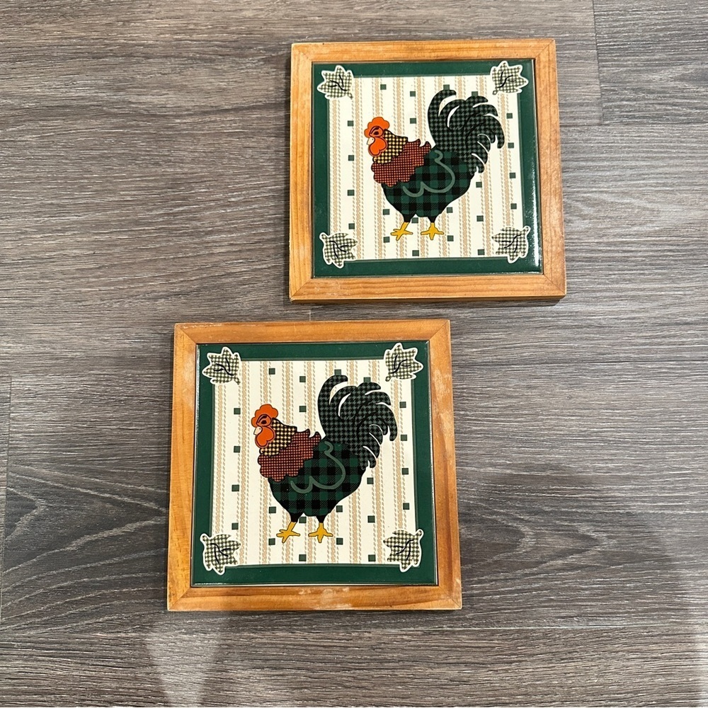 Vintage Rooster Print Square Wooden Tiles Hanging Wall Decor Set of 2 sz 7”x 7”